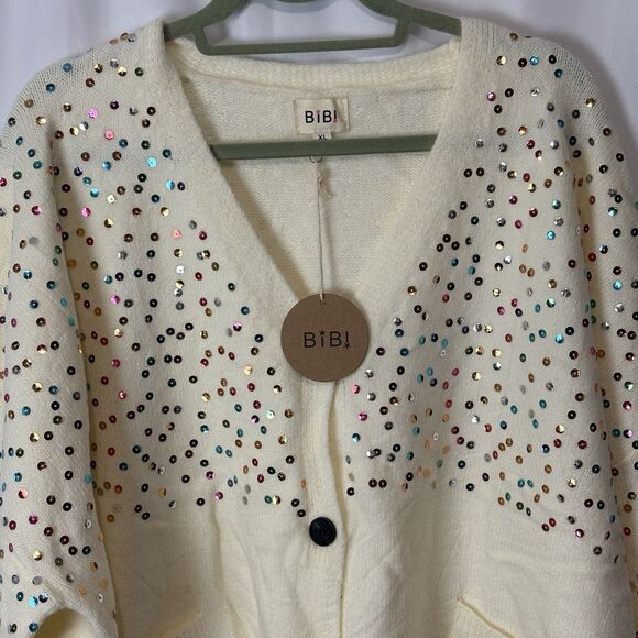 NWT BiBi Women’s Patch Pocket Sequins Sweater Cardigan XL Holiday New Years - Picture 3 of 9